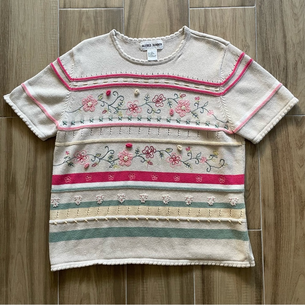 VTG ALFRED DUNNER Knit Embroidered Floral Spring Ramie Sweater Cottagecore Sz Lg